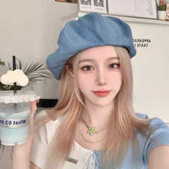 Blue Denim Beret for Women - Large Head Size