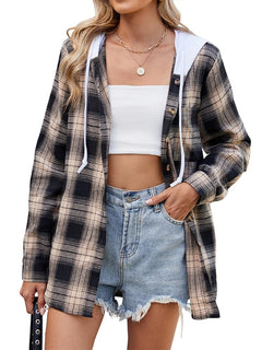 Women Plaid Flannel Button Down Shirts Casual Long Sleeve Plaid Shacket Jacket Loose Fit Oveszied Hoodie Tops Fall Trendy Khaki S